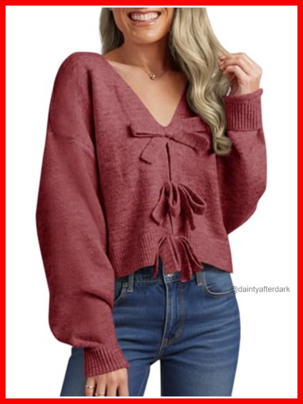 Womens Bow Sweater Cropped V Neck Long Sleeve Pullover Top